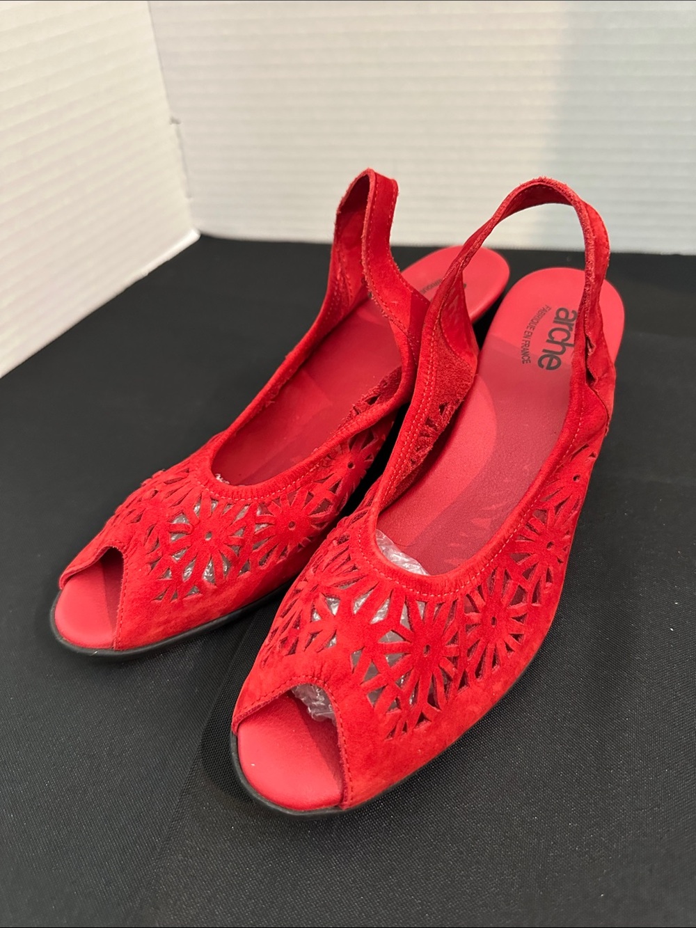 Arche Red Suede Leather Laser-Cut Peep-Toe Slingback Wedges Size 38